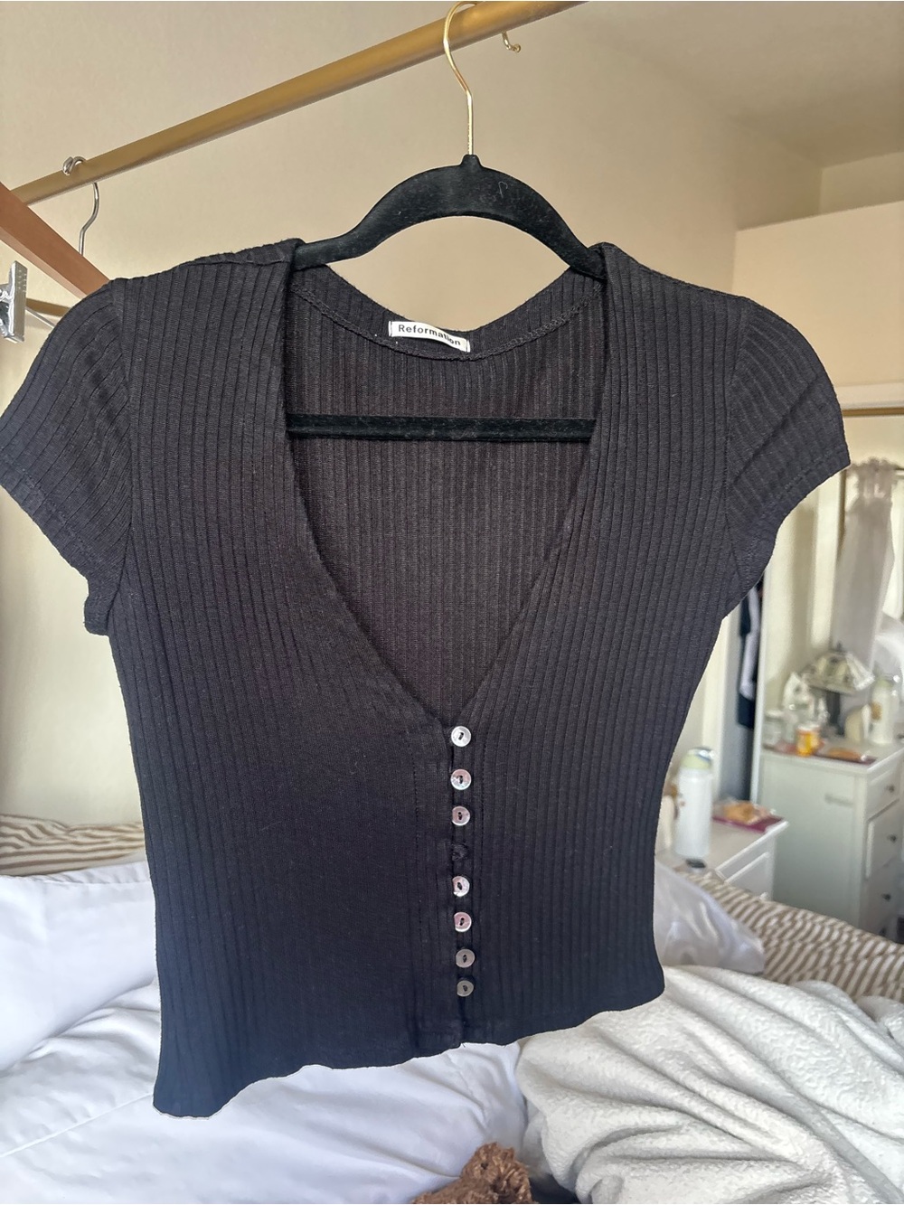 Reformation Black Ribbed Short-Sleeve Button-Front Top